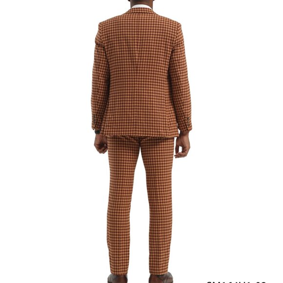 Brown/Yellow Houndstooth Notch Lapel 3 Piece Stacy Adams Men's Suit - Picture 3 of 3